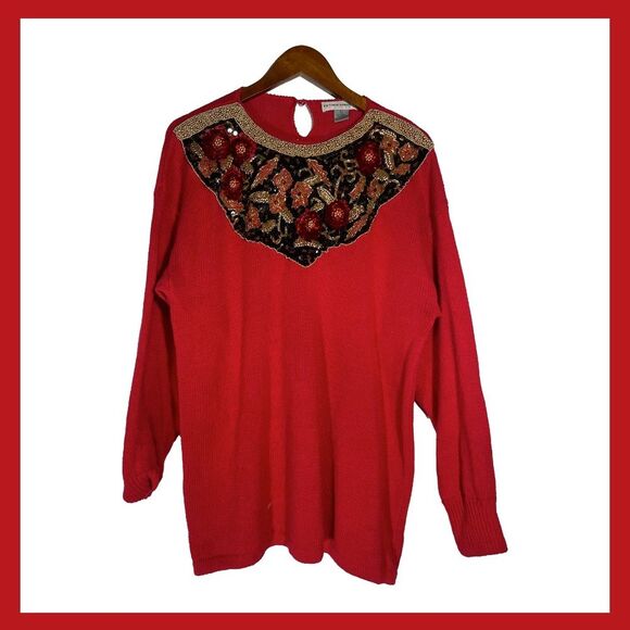 Vintage Red Sweater L Gold Beaded Sequin Roses Knit Holiday 80s Glam Pullover - Picture 1 of 11